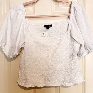 J. Crew White Smocked Puff Sleeve Blouse